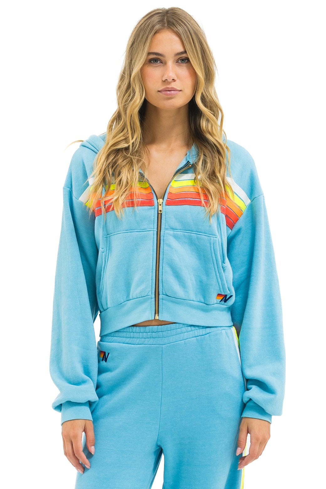 5 STRIPE CROPPED ZIP HOODIE RELAXED - AQUA // WHITE NEON - Image 4