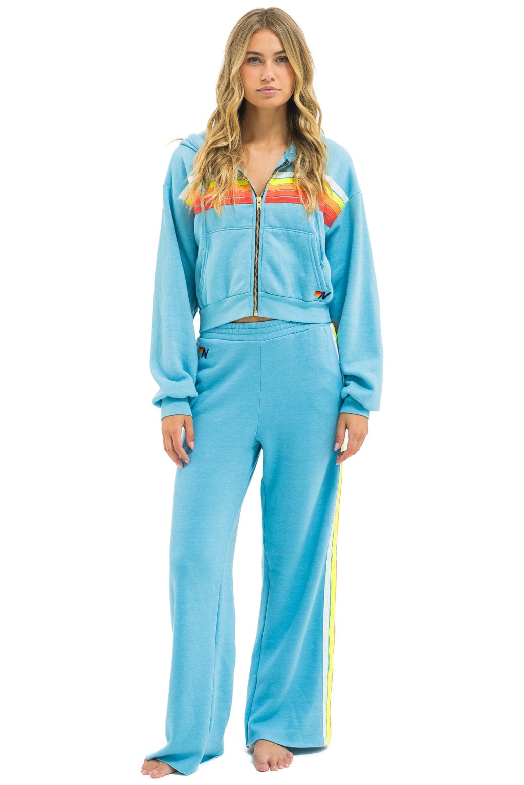 5 STRIPE CROPPED ZIP HOODIE RELAXED - AQUA // WHITE NEON - Image 6