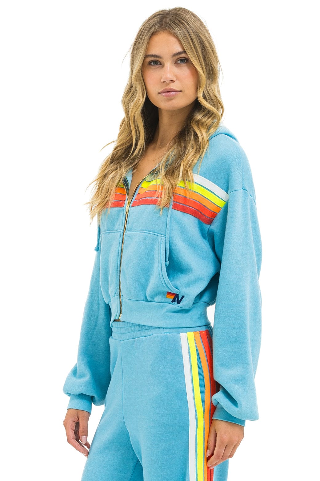 5 STRIPE CROPPED ZIP HOODIE RELAXED - AQUA // WHITE NEON - Image 2
