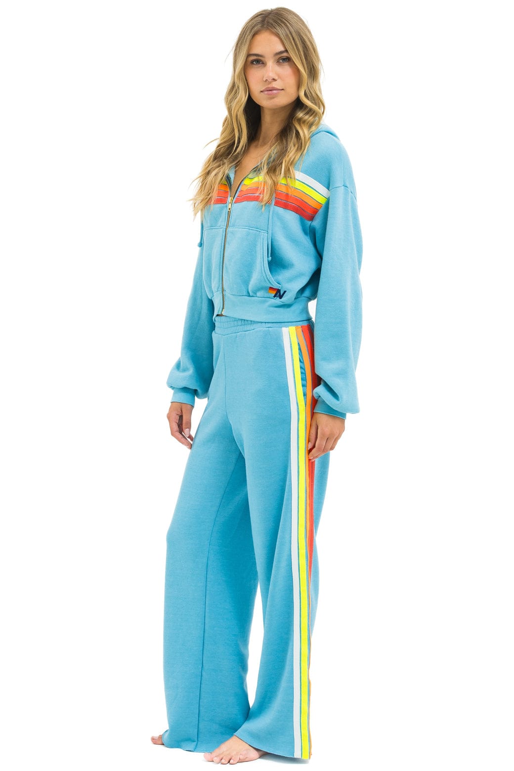 5 STRIPE CROPPED ZIP HOODIE RELAXED - AQUA // WHITE NEON - Image 7