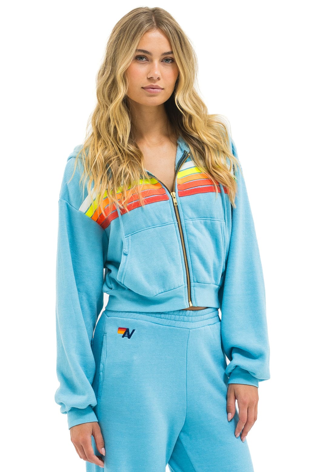 5 STRIPE CROPPED ZIP HOODIE RELAXED - AQUA // WHITE NEON - Image 5