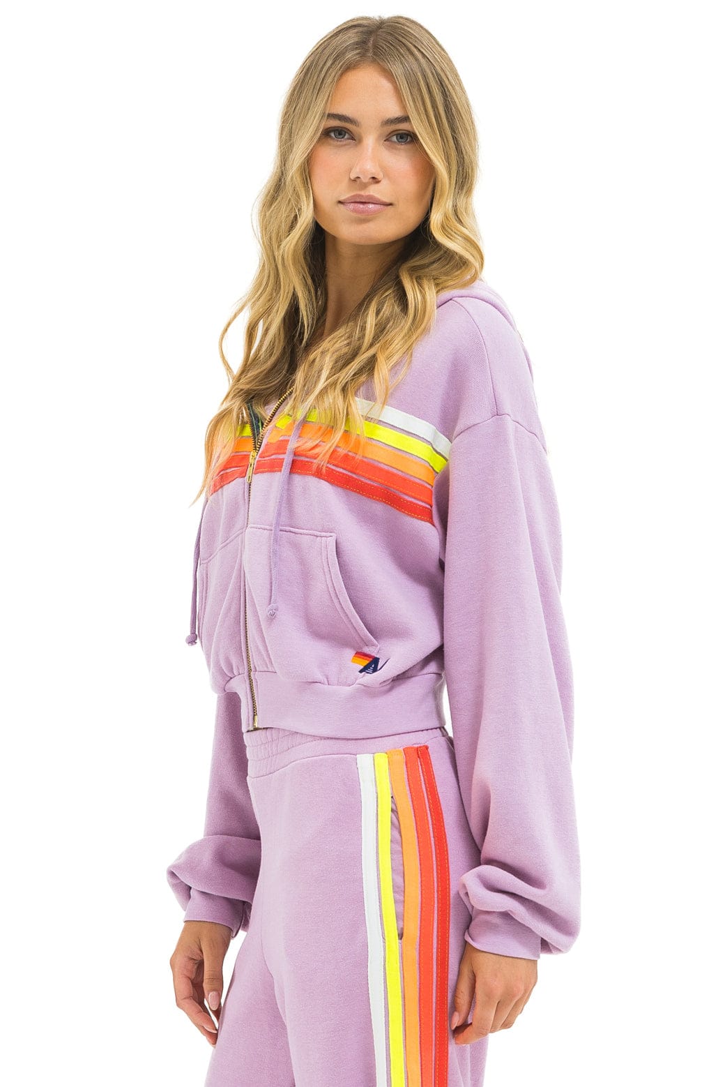 5 STRIPE CROPPED ZIP HOODIE RELAXED - MAUVE // WHITE NEON - Image 2