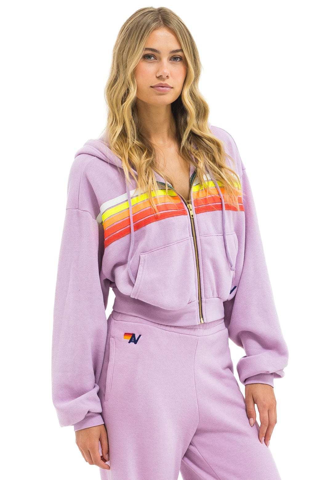 5 STRIPE CROPPED ZIP HOODIE RELAXED - MAUVE // WHITE NEON - Image 5