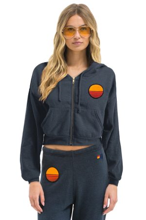 SUNSET PATCH RELAXED CROPPED ZIP HOODIE - CHARCOAL