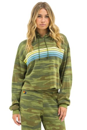 5 STRIPE RELAXED CROPPED PULLOVER HOODIE - CAMO // LIME // AQUA