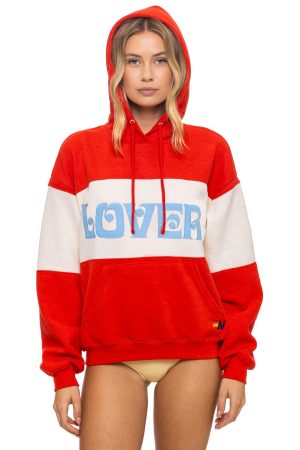 LOVER EMBROIDERY COLOR BLOCK PULLOVER HOODIE RELAXED - RED // VINTAGE WHITE