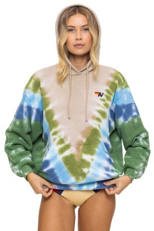 HAND DYED V RELAXED PULLOVER HOODIE - TIE DYE SAND // BLUE GREEN