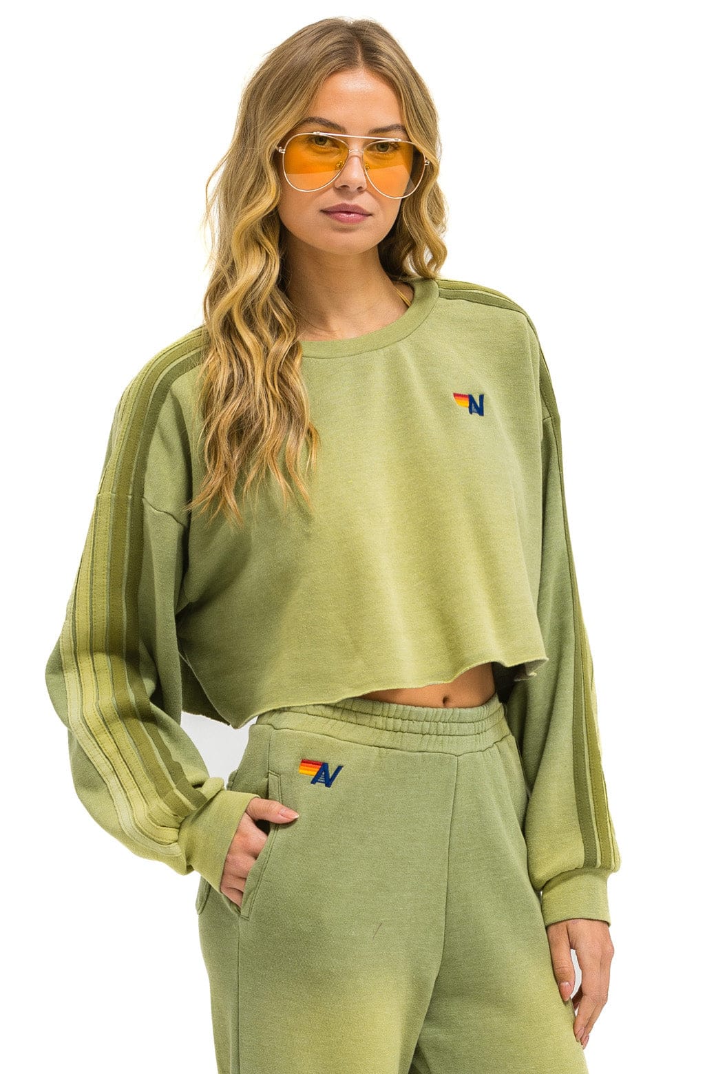 CLASSIC STRIPE CROPPED CREW SWEATSHIRT RELAXED - FADED ARMY - Image 2