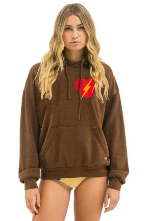 BOLT HEART PULLOVER RELAXED HOODIE - CHOCOLATE