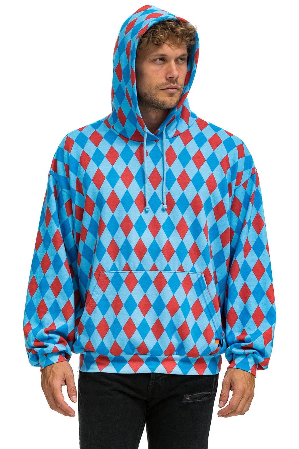 DIAMOND REPEAT SMILEY RELAXED PULLOVER HOODIE - SKY - Image 8