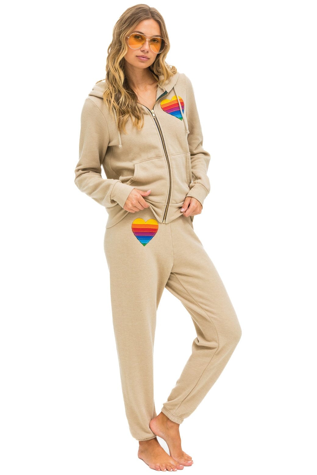 RAINBOW HEART STITCH ZIP HOODIE - SAND - Image 7
