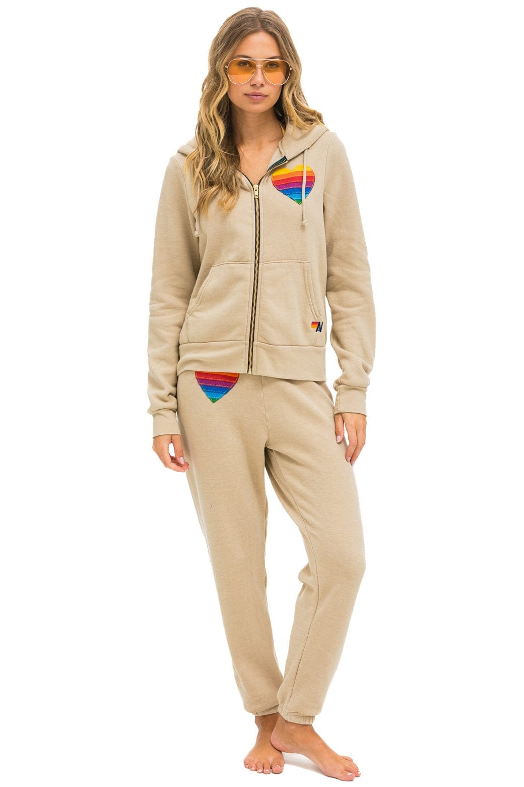 RAINBOW HEART STITCH ZIP HOODIE - SAND - Image 6