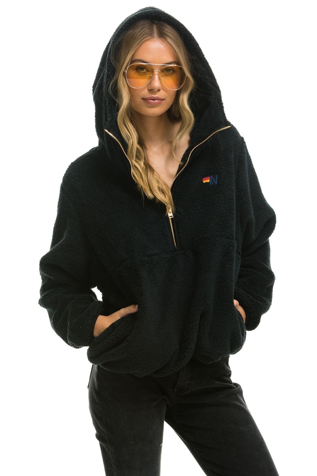 TEDDY APRES HOODED HALF ZIP JACKET - BLACK - Image 3