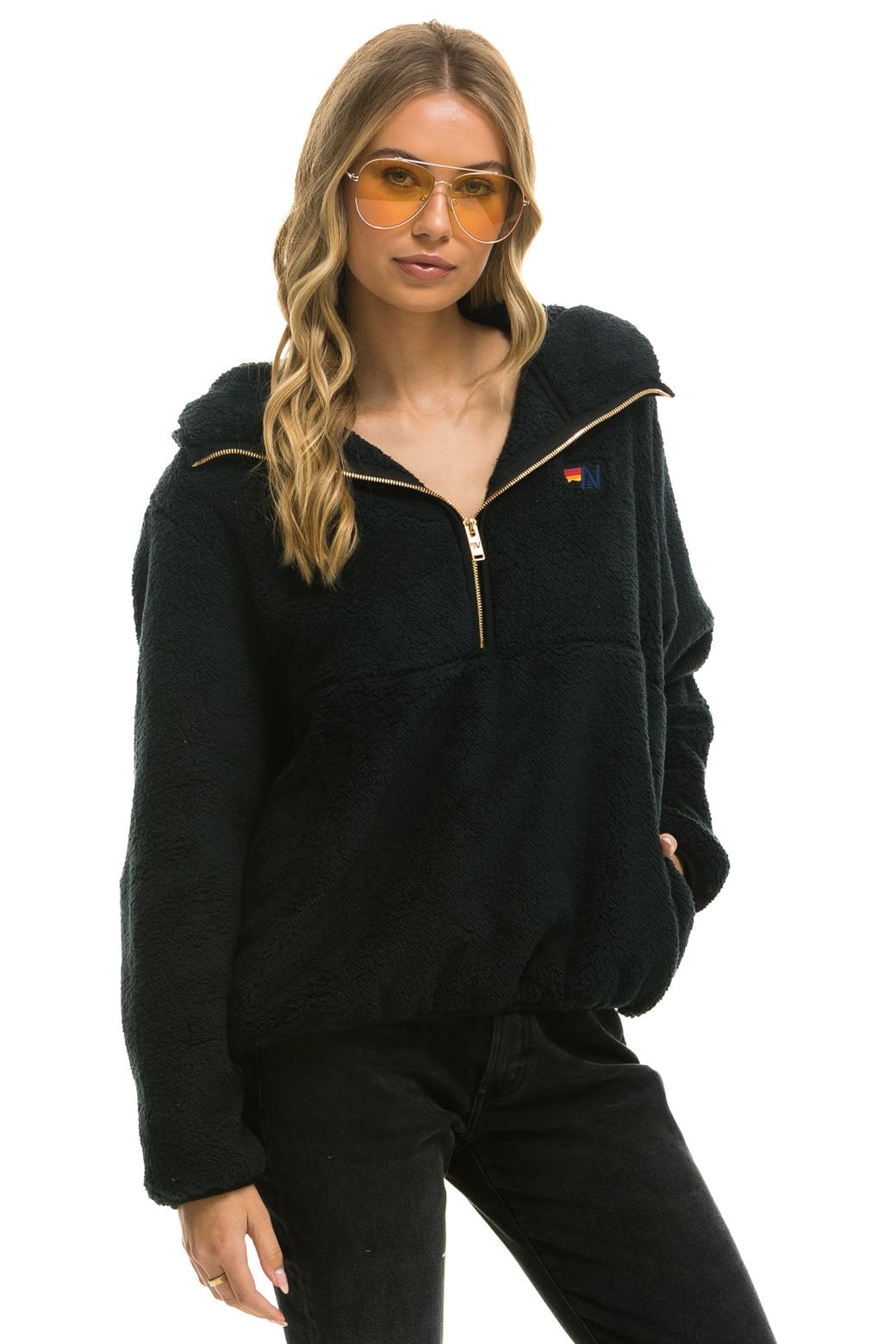TEDDY APRES HOODED HALF ZIP JACKET - BLACK - Image 5