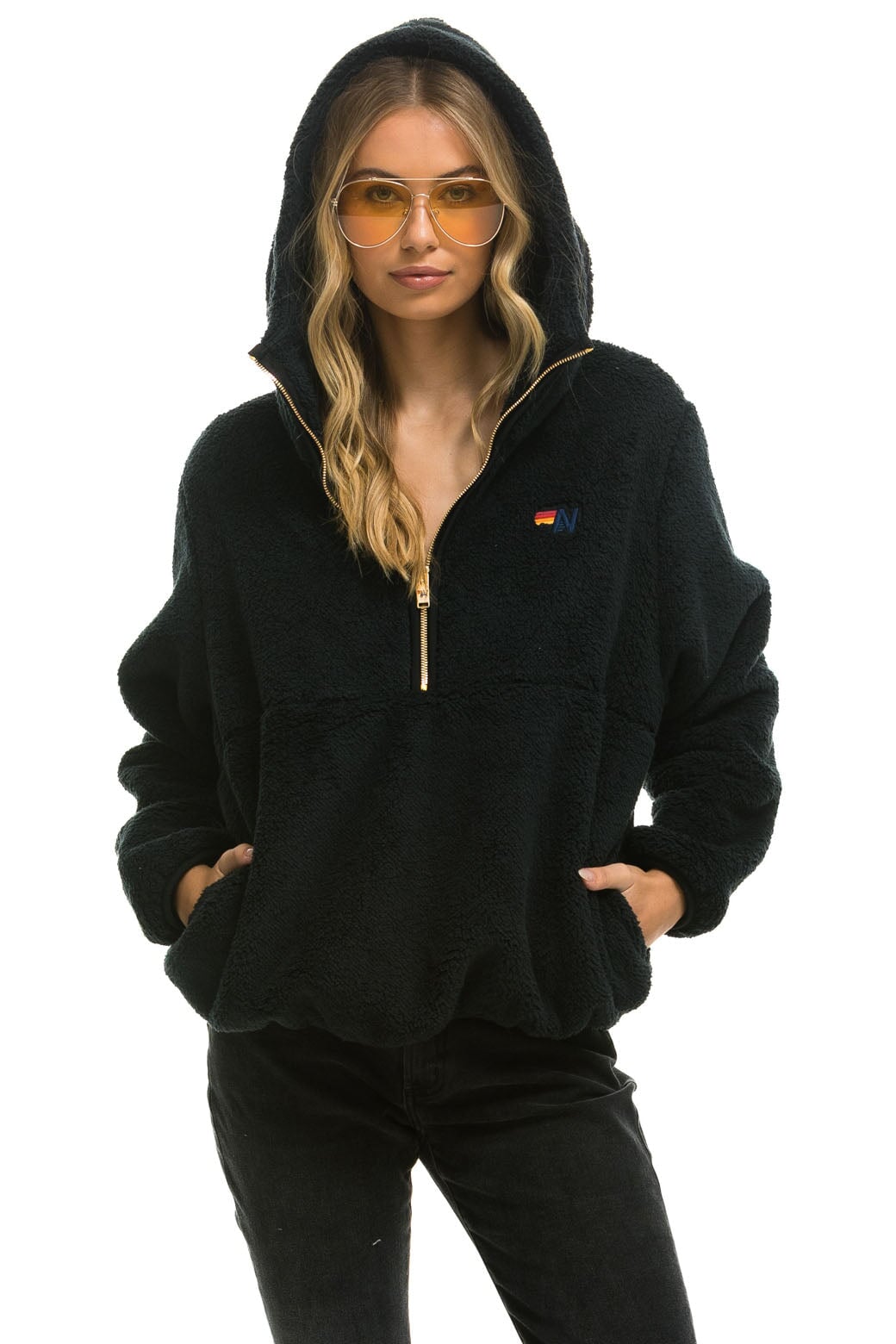 TEDDY APRES HOODED HALF ZIP JACKET - BLACK