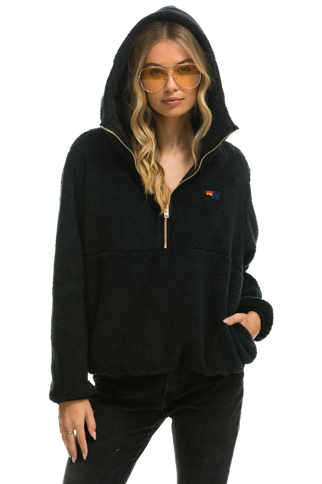 TEDDY APRES HOODED HALF ZIP JACKET - BLACK - Image 4