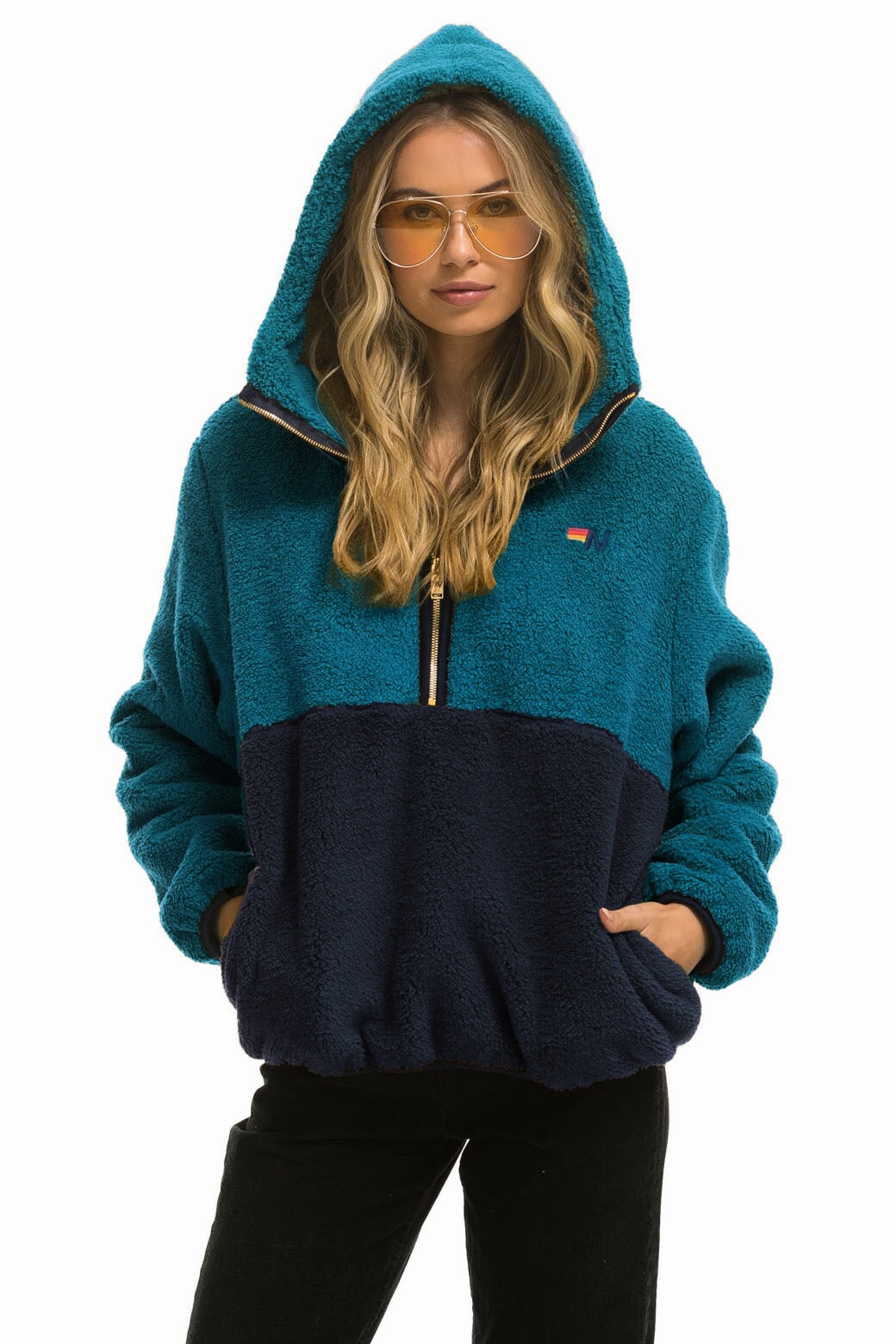 TEDDY APRES HOODED HALF ZIP COLOR BLOCK JACKET - CAPRI