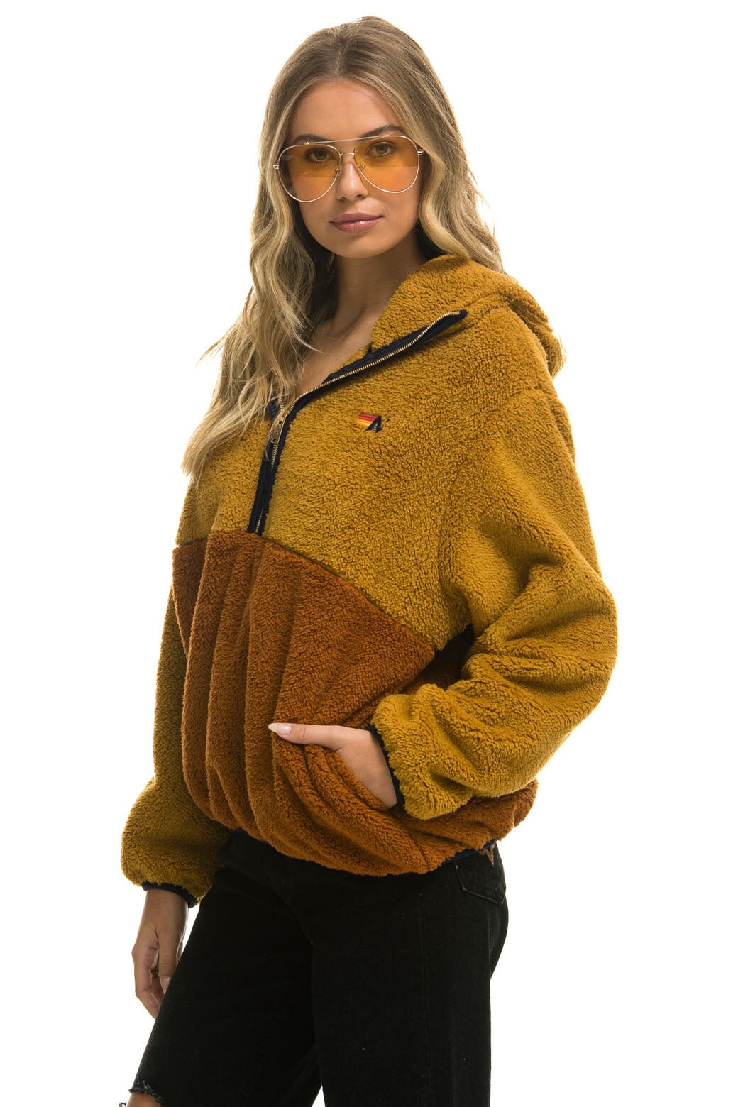 TEDDY APRES HOODED HALF ZIP COLOR BLOCK JACKET - HONEY - Image 3