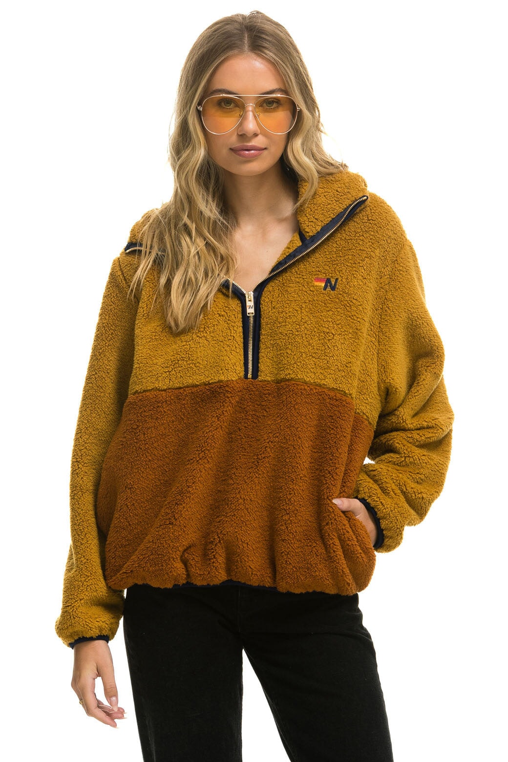 TEDDY APRES HOODED HALF ZIP COLOR BLOCK JACKET - HONEY - Image 2