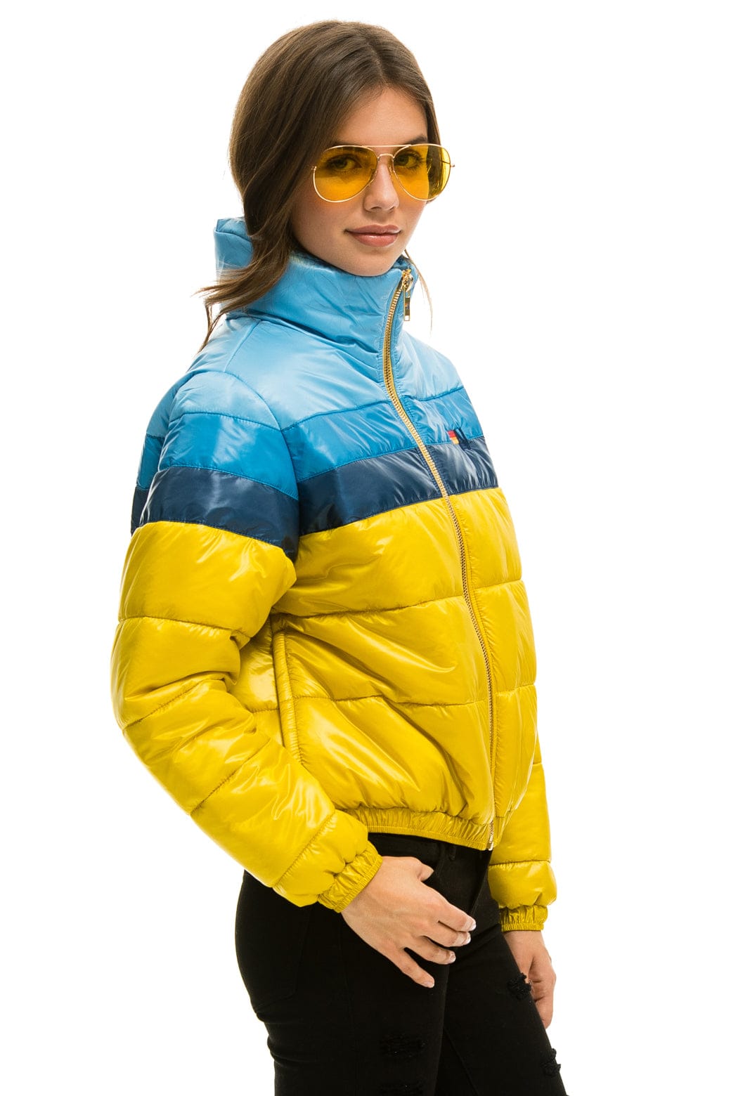 COLOR BLOCK LUXE APRES PUFFER JACKET - HONEY GLOSSY - Image 4
