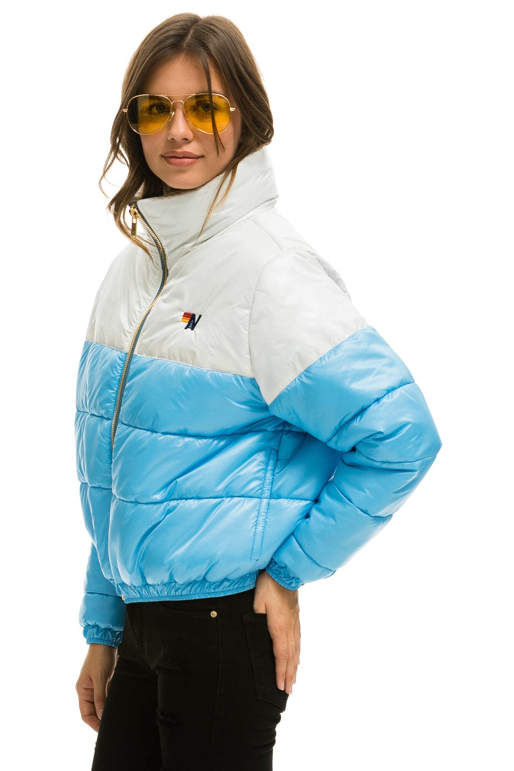 COLOR BLOCK HALF AND HALF APRES PUFFER JACKET - WHITE GLOSSY - Image 2
