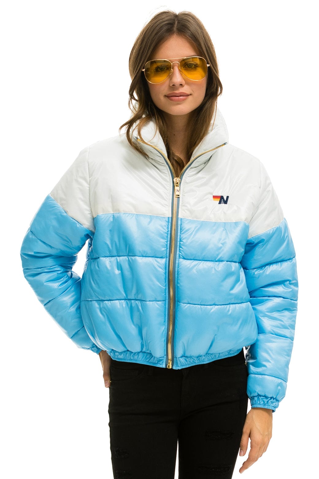 COLOR BLOCK HALF AND HALF APRES PUFFER JACKET - WHITE GLOSSY - Image 5