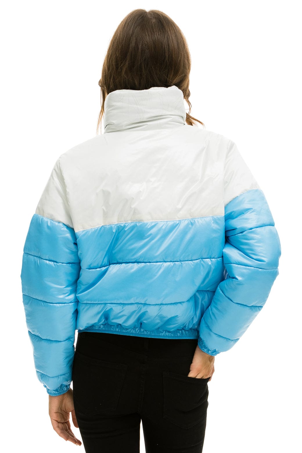 COLOR BLOCK HALF AND HALF APRES PUFFER JACKET - WHITE GLOSSY - Image 3