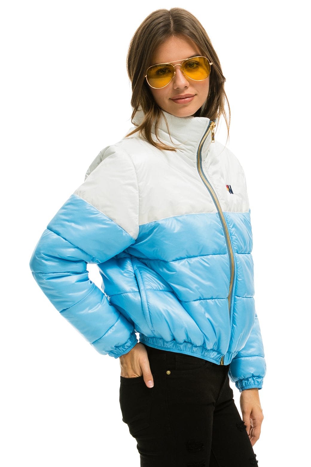 COLOR BLOCK HALF AND HALF APRES PUFFER JACKET - WHITE GLOSSY - Image 4