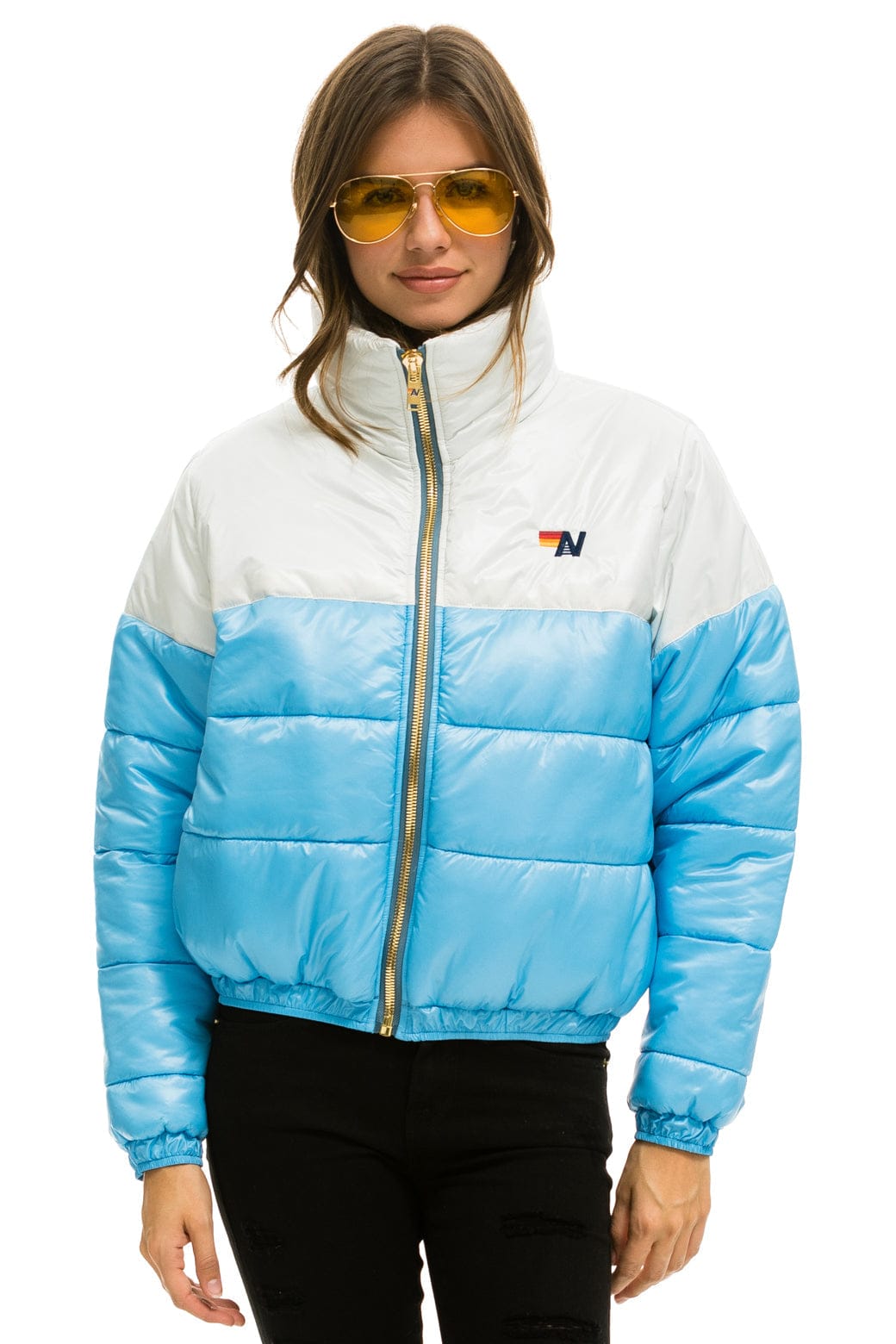 COLOR BLOCK HALF AND HALF APRES PUFFER JACKET - WHITE GLOSSY - Image 6